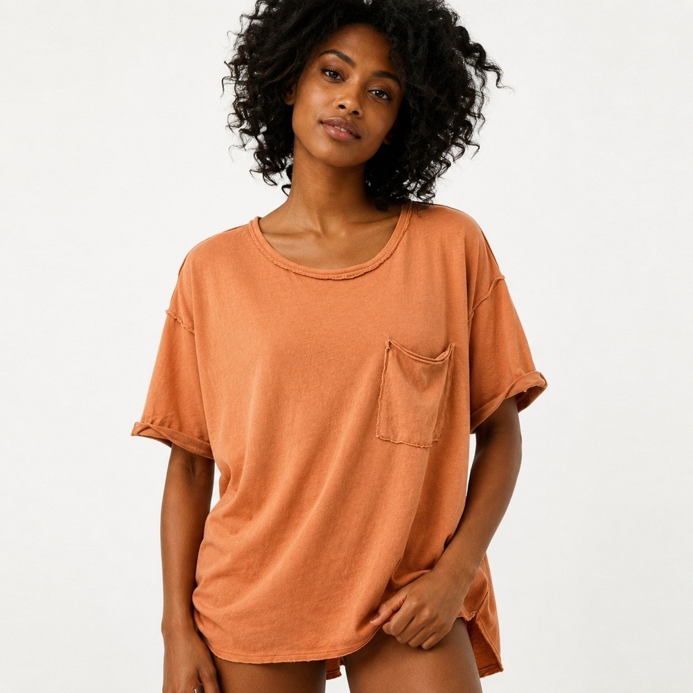 We The Free T-Shirt Recycled Cotton Pocket Womens M Orange Raw Edge Oversized